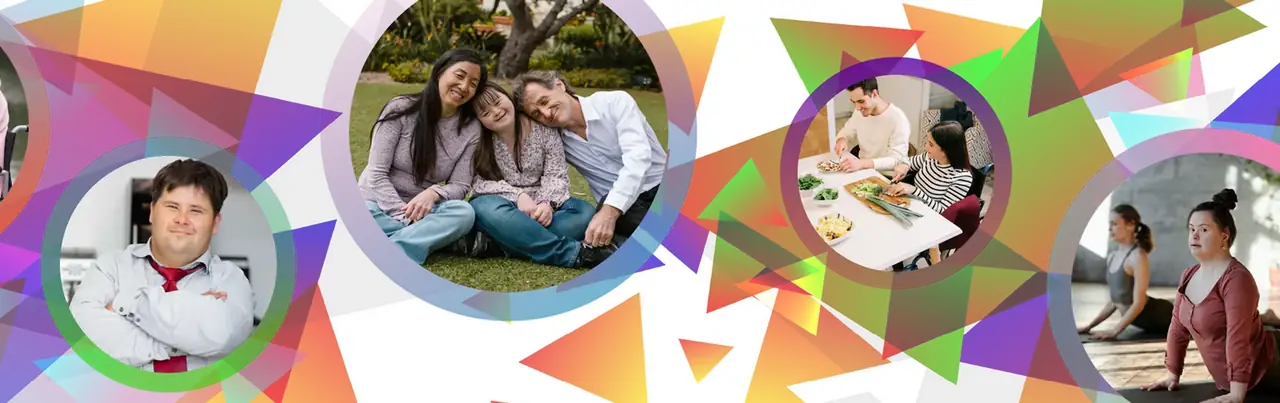 A collage of circular photographs over scattered orange, purple and green triangles: a young man in a shirt and tie with his arms folded; three people sitting close together on the grass; two people preparing vegetables at a kitchen table; and two people stretching side by side.