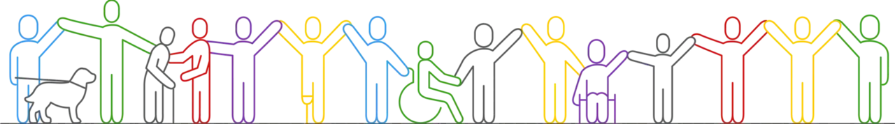 Illustrated line drawing of a diverse group of people standing together